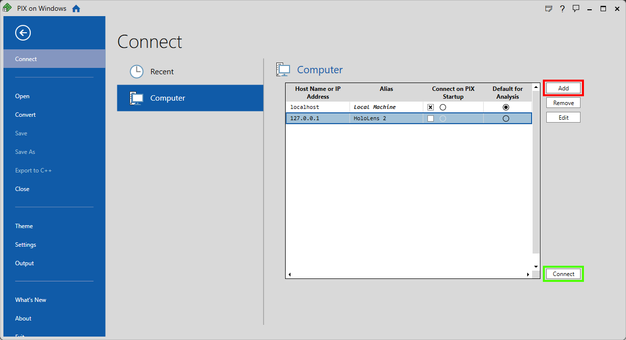 Screenshot della finestra di connessione dell'applicazione PIX con alias, nome host, indirizzo IP e pulsante aggiungi evidenziato