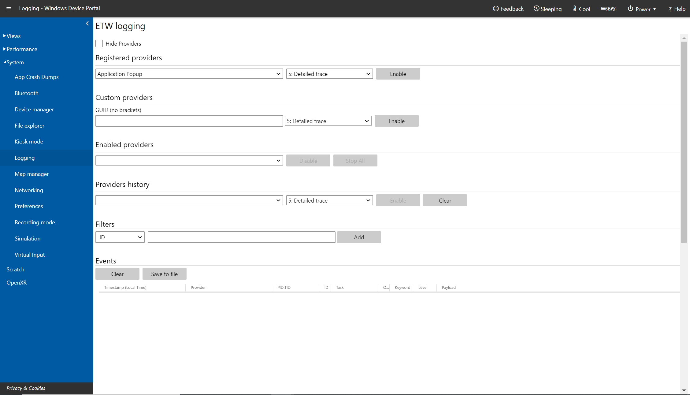 Pagina Logging (Registrazione) del Portale di dispositivi di Windows in Microsoft HoloLens