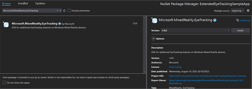 Screenshot del pacchetto NuGet Eye Tracking SDK.