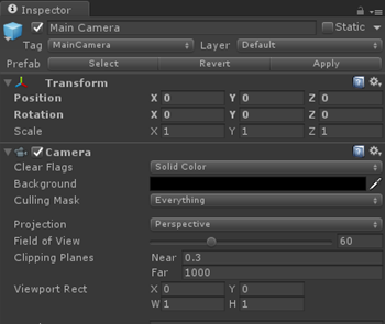 Fotocamera nel riquadro Inspector in Unity