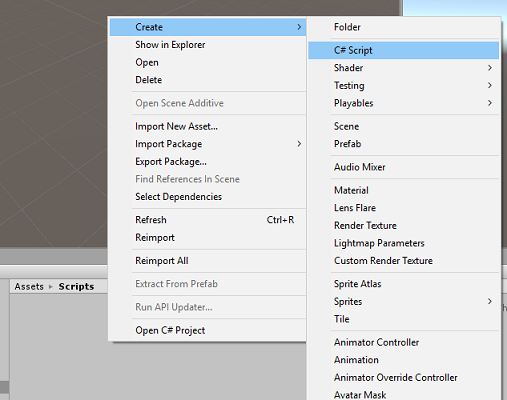 Screenshot che mostra le opzioni in cui sono selezionate le opzioni Create and C# Script (Crea e script C#).