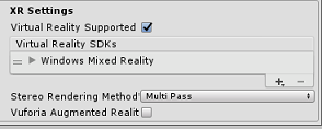 Screenshot della schermata delle impostazioni di Unity X R.
