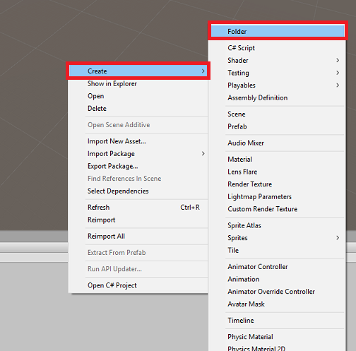 Screenshot del menu della cartella asset. Il menu crea è aperto e la cartella è selezionata.