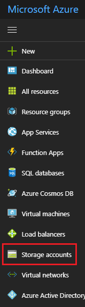 Screenshot della finestra di Microsoft Azure, che mostra la voce Account di archiviazione nel menu di spostamento a sinistra.