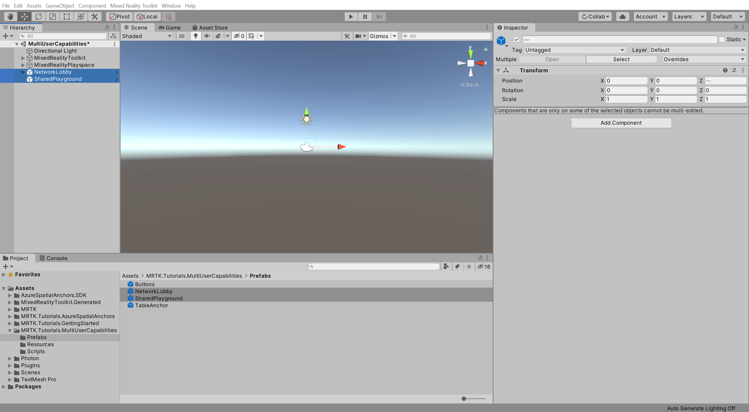 Unity con i prefab NetworkLobby e SharedPlayground appena aggiunti selezionati