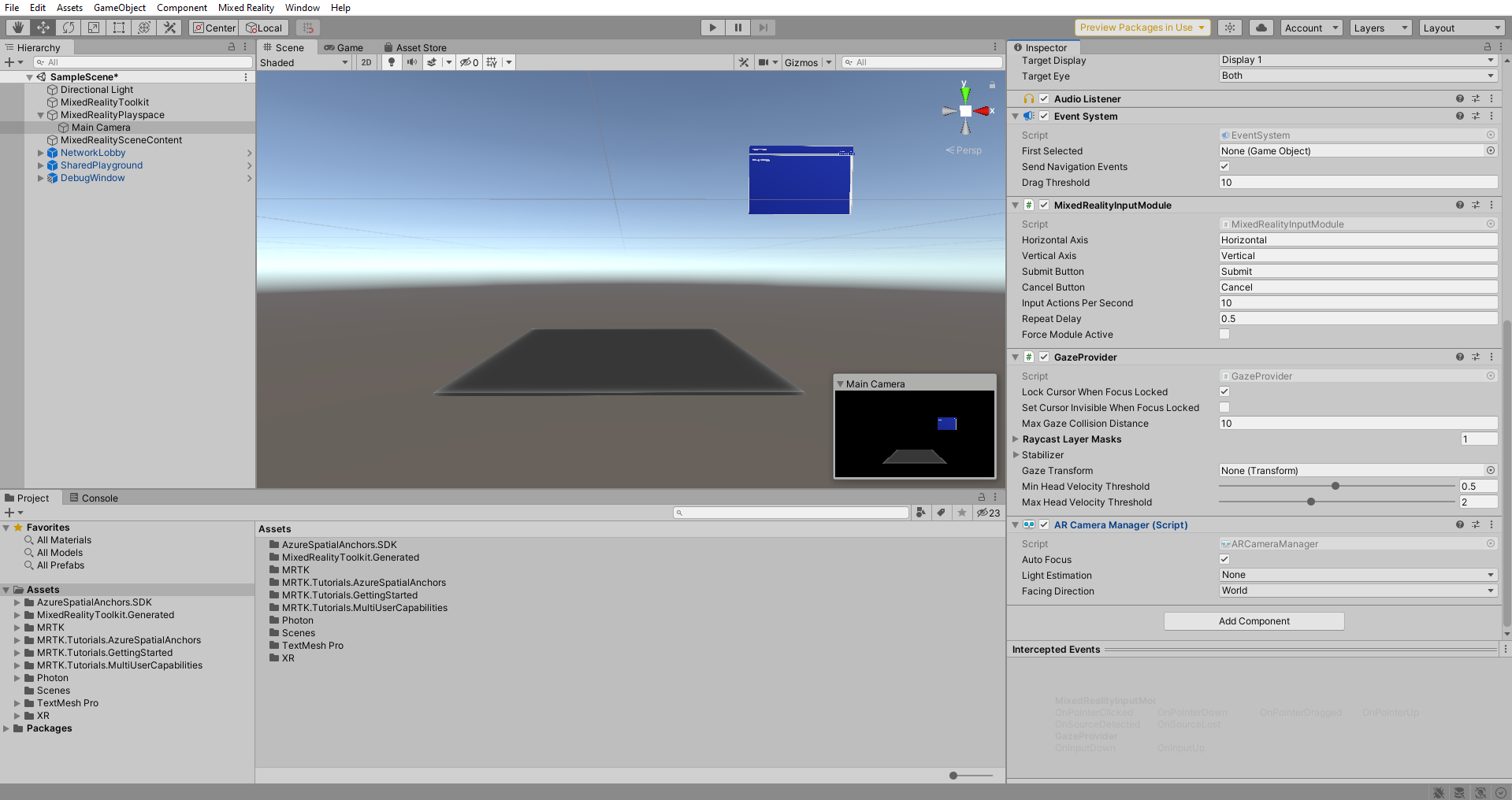 Unity con il componente AR Camera Manager parzialmente configurato