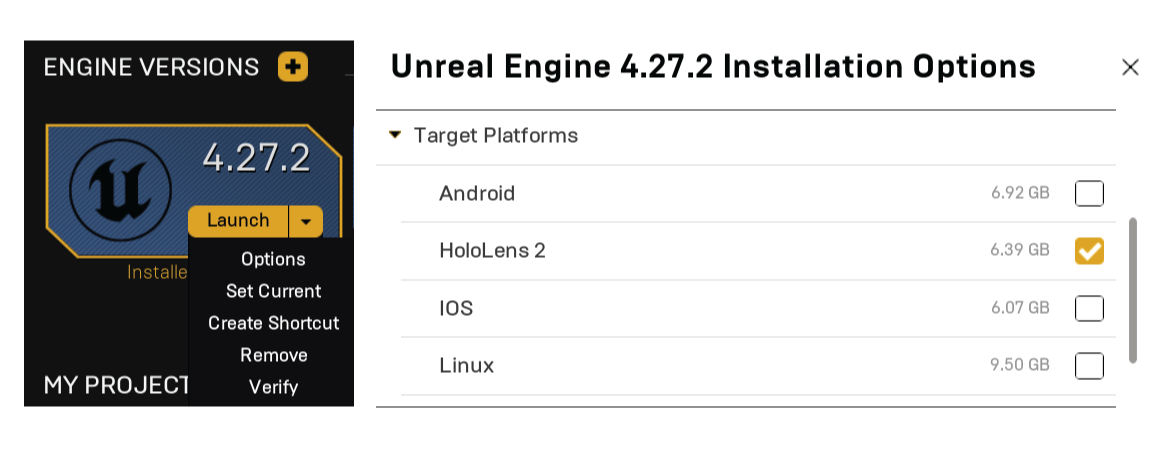 Opzione di installazione unreal HoloLens 2