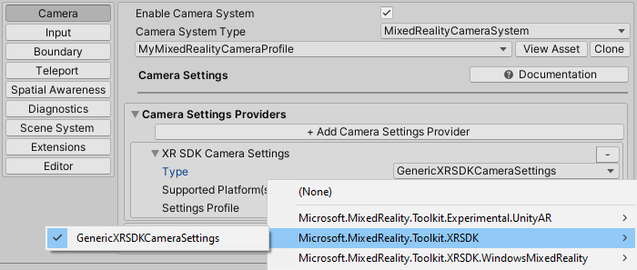 Impostazioni della fotocamera XR SDK