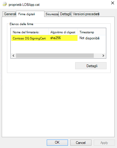 Elenco firma digitale nelle proprietà del file.