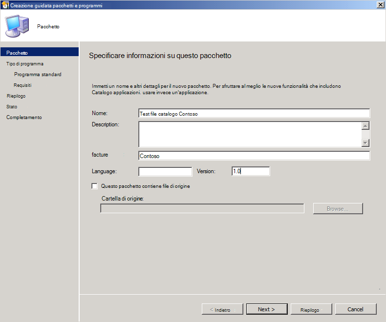 Creazione guidata pacchetto e programma.