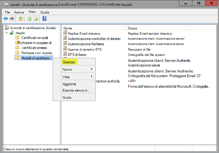 Snap-in CA che mostra i modelli di certificato.