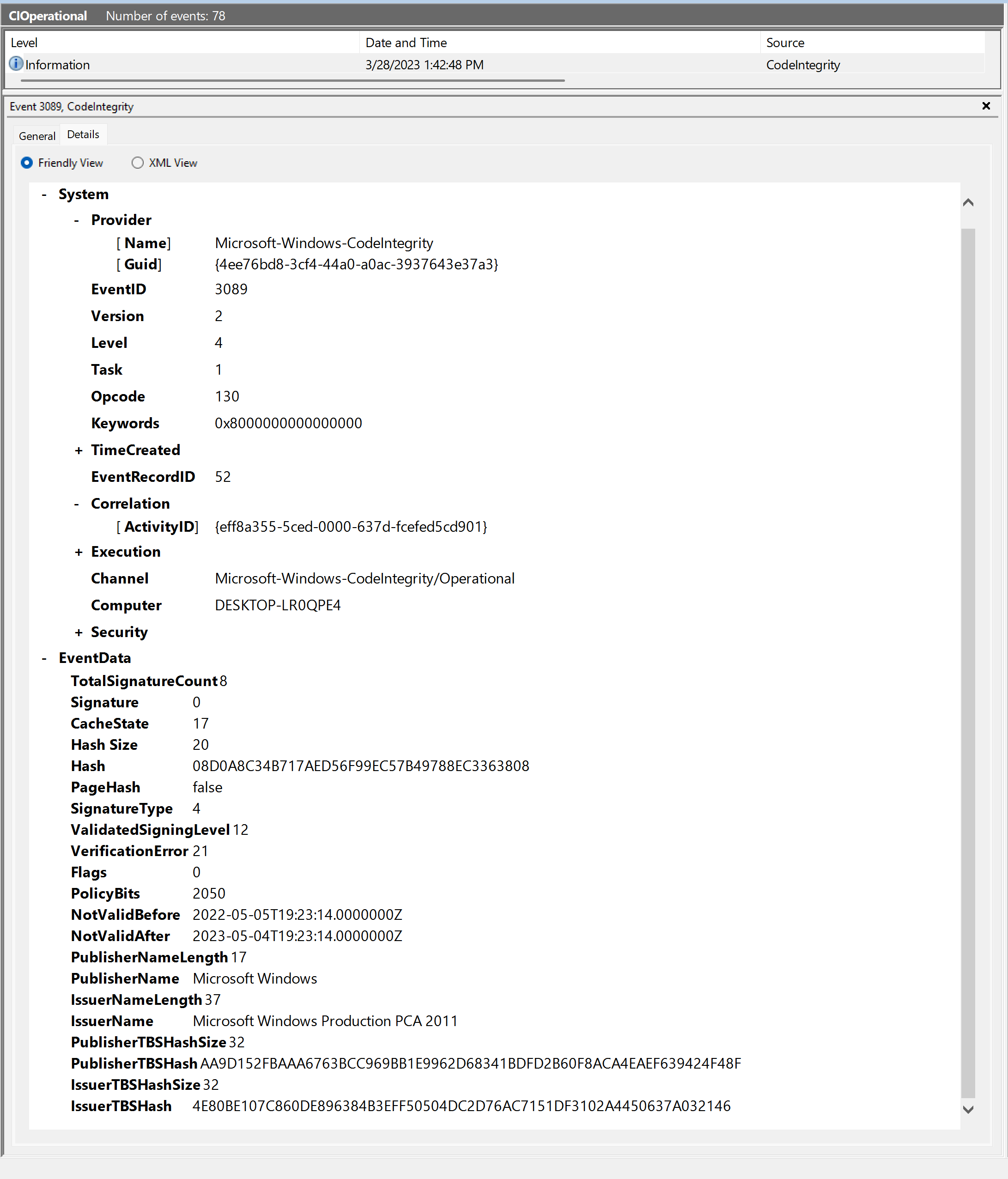 Esempio di evento di informazioni sulla firma 3089 per PowerShell.exe.