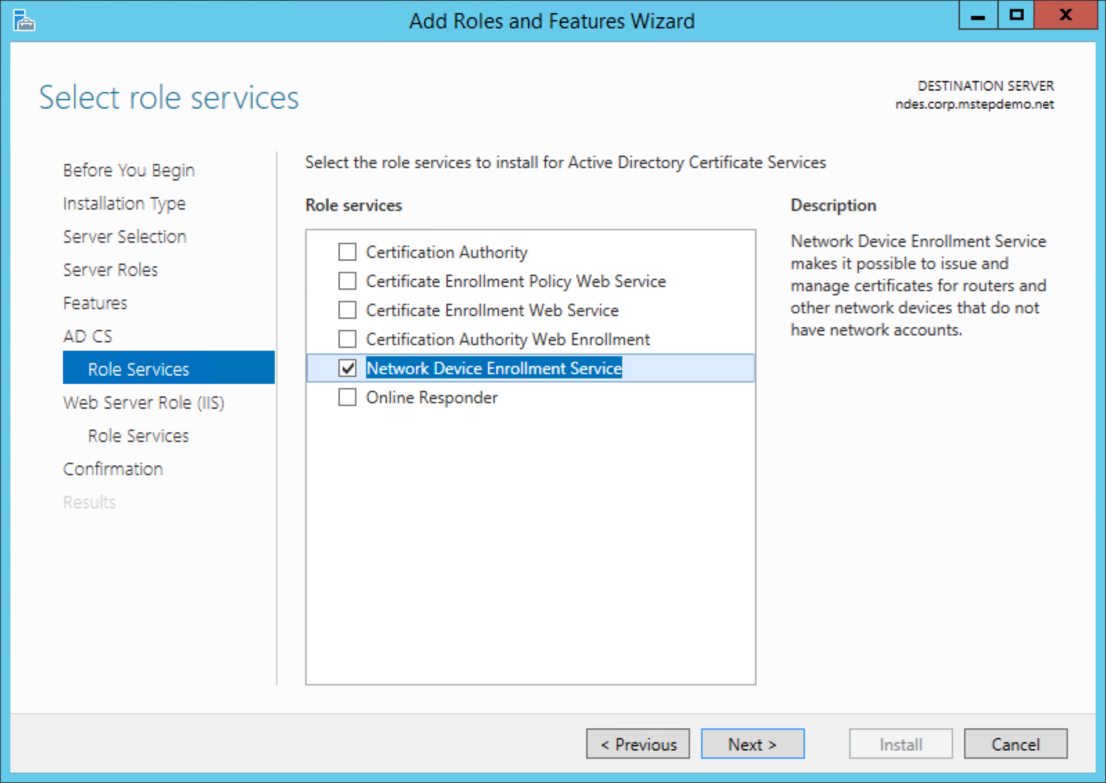 Server Manager ruolo NDES di ADCS.