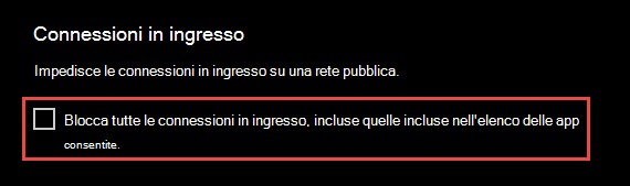 Screenshot dell'app Sicurezza di Windows che mostra le connessioni in ingresso.