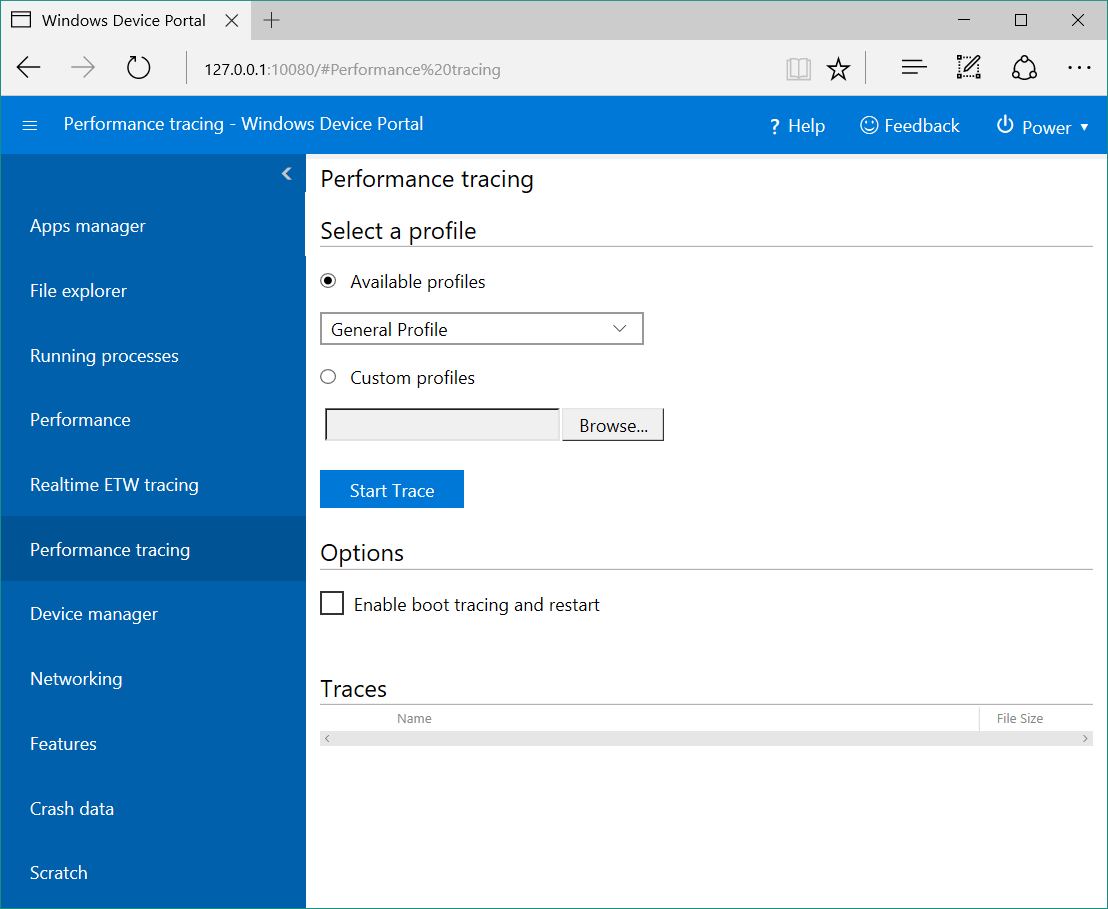 pagina di monitoraggio delle prestazioni di Device Portal