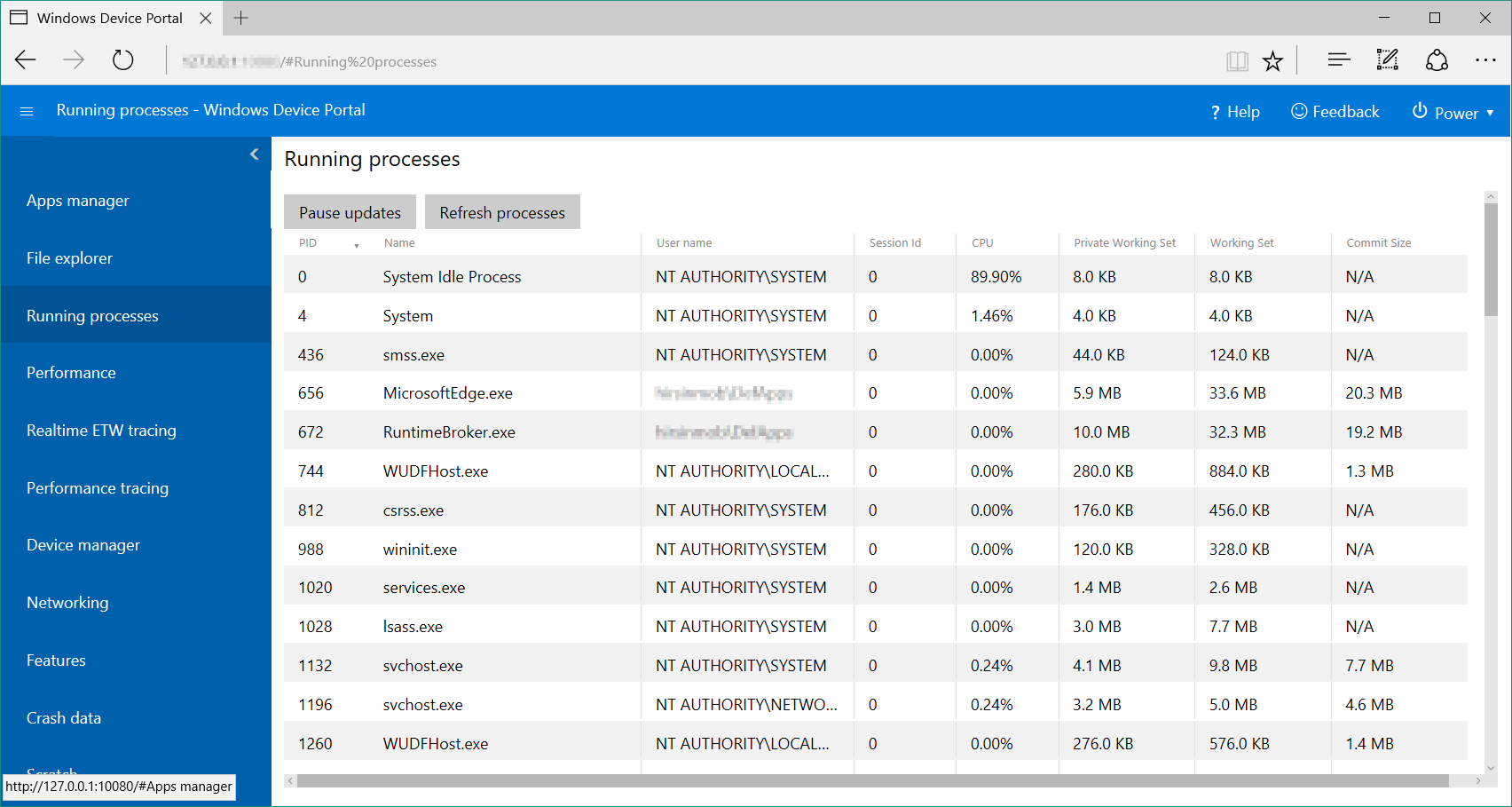 Processi in esecuzione sulla pagina del Device Portal