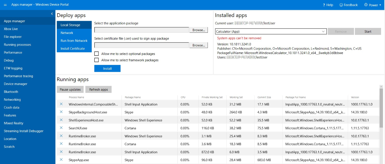 pagina di gestione delle app del portale di dispositivi