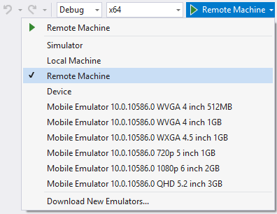 Elenco a discesa destinazioni di debug di Visual Studio