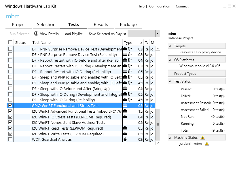 Screenshot di Windows Hardware Lab Kit che mostra la scheda Test con l'opzione Test funzionali E stress test G P I O Win R T selezionata.