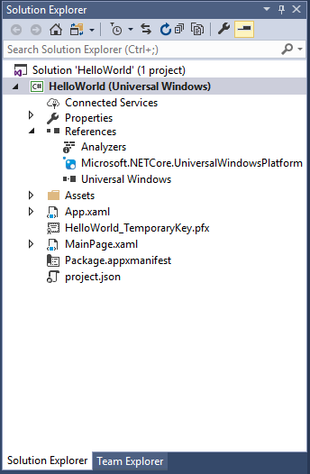 Screenshot del riquadro Esplora soluzioni con Hello World (Universal Windows) evidenziato.