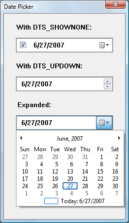 screenshot di una finestra che illustra tre stili di controlli per la selezione della data