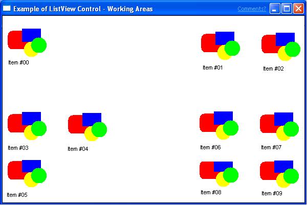 schermata di un controllo di visualizzazione elenco con un'area di lavoro in ogni quadrante dell'area del client