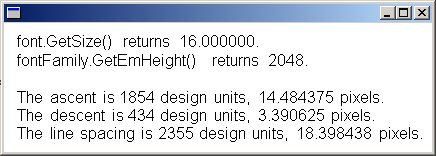 schermata di una finestra con testo che indica le dimensioni e l'altezza del carattere e l'ascesa, la discesa e la spaziatura linea