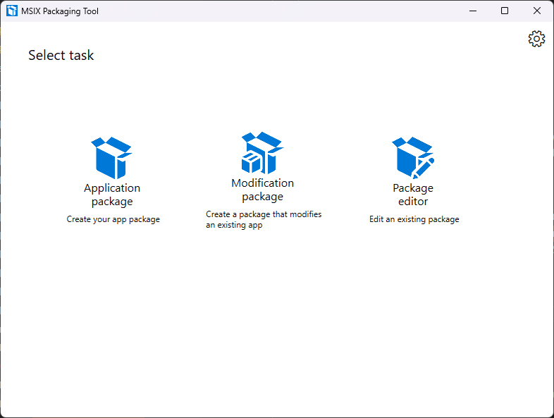 Screenshot che mostra la pagina principale di MSIX Packaging Tool