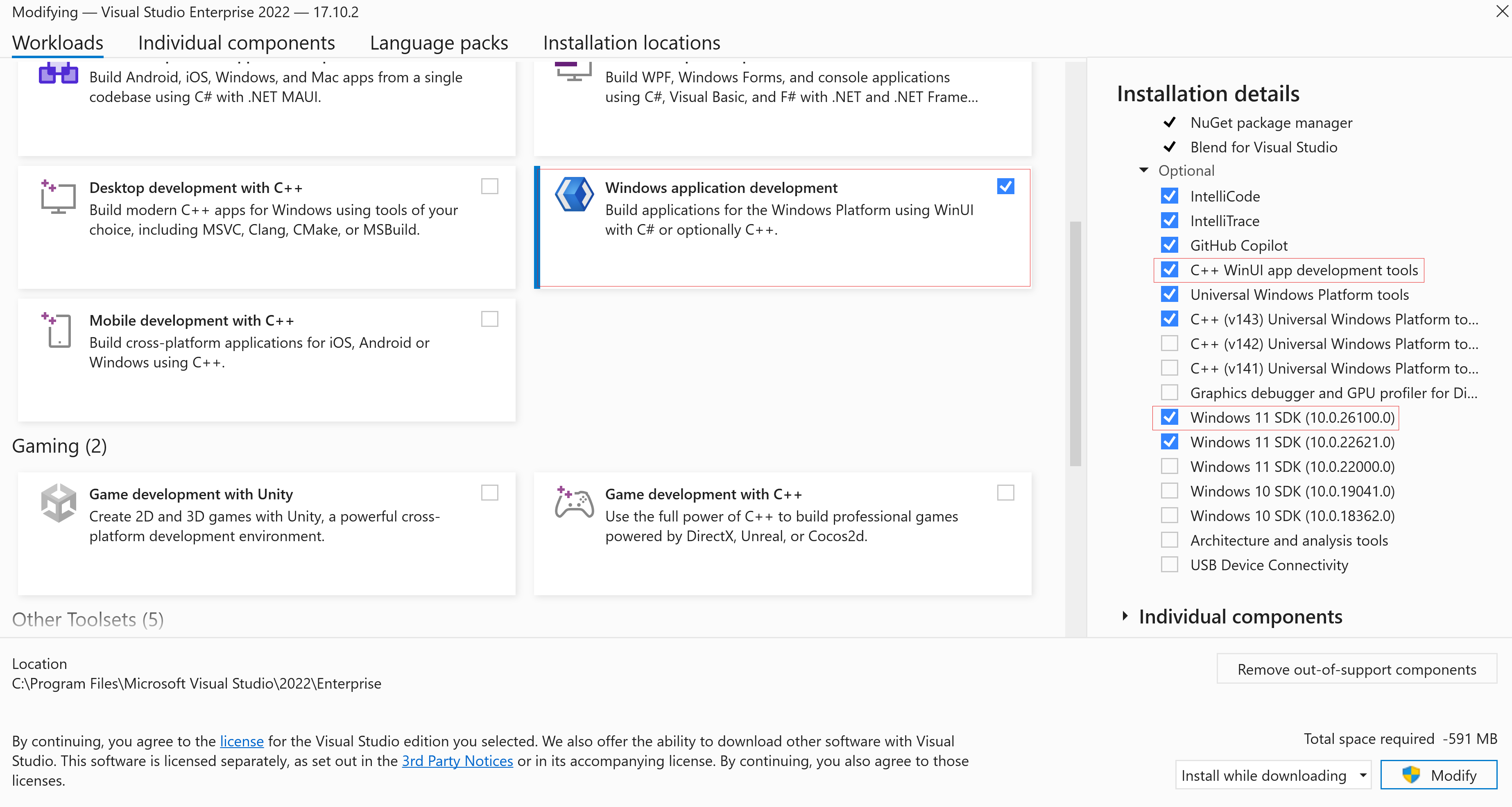 Screenshot che mostra i carichi di lavoro necessari da installare in Visual Studio