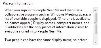 Screenshot di una casella di testo Informazioni sulla privacy 