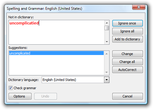 schermata della finestra di dialogo ortografia e grammatica 