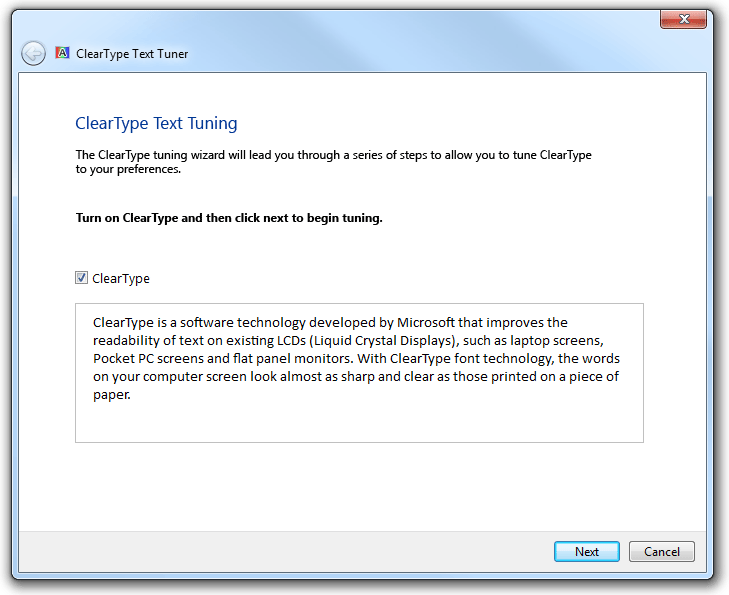 screenshot della procedura guidata cleartype, bozza 