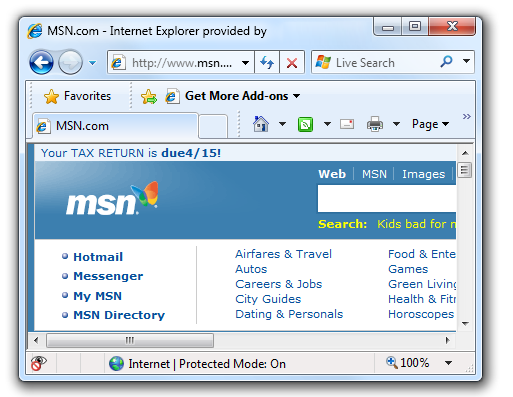 schermata della barra di stato della finestra di Internet Explorer 