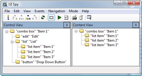 schermata dell'applicazione UISpy con visualizzazioni di controllo e contenuto degli elementi della casella combinata