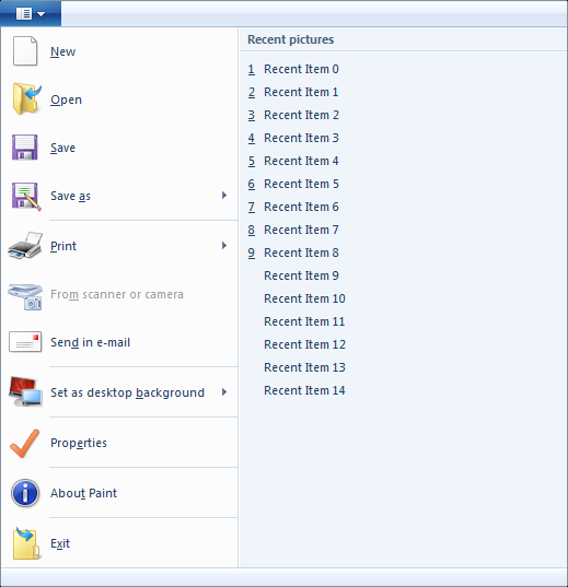 schermata del menu dell'applicazione e dell'elenco di elementi recenti della barra multifunzione paint per windows 7.