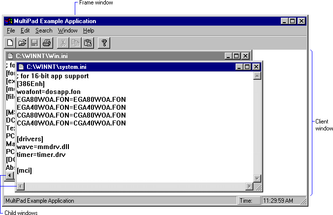 finestra cornice dell'applicazione mdi multipad e finestra client