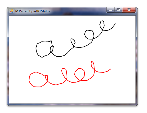 schermata che mostra l'esempio di touchpad di Windows usando lo stilo in tempo reale in c sharp, con squiggles nero e rosso sullo schermo