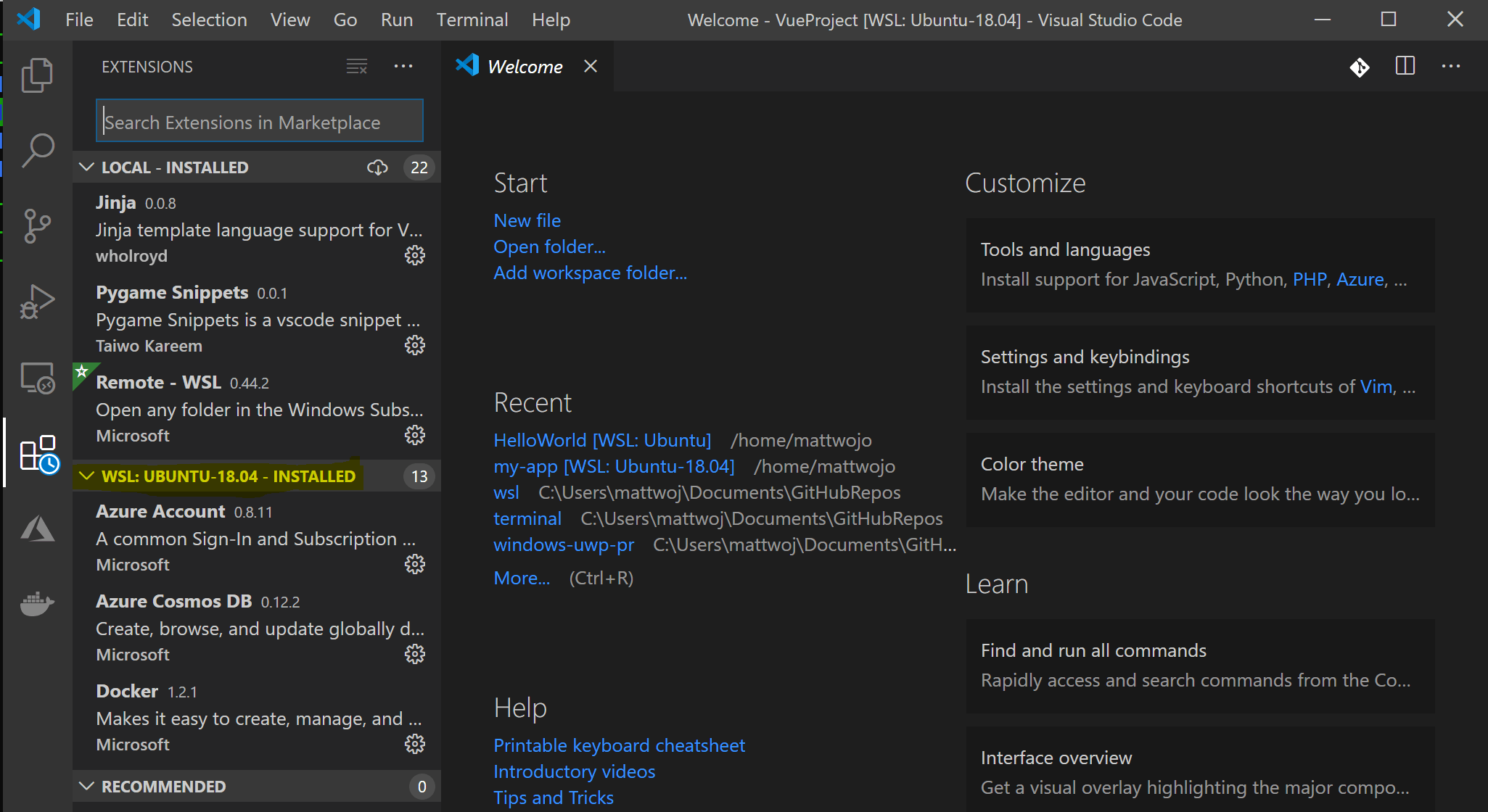 VS Code con estensioni WSL visualizzate