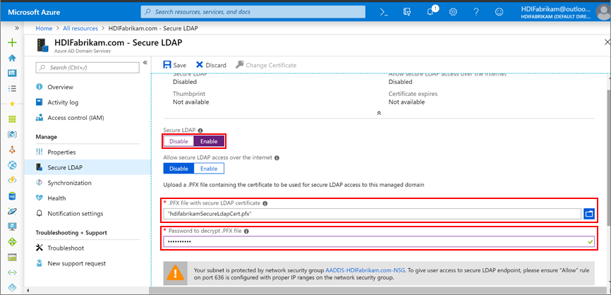 Secure LDAP を有効にします。