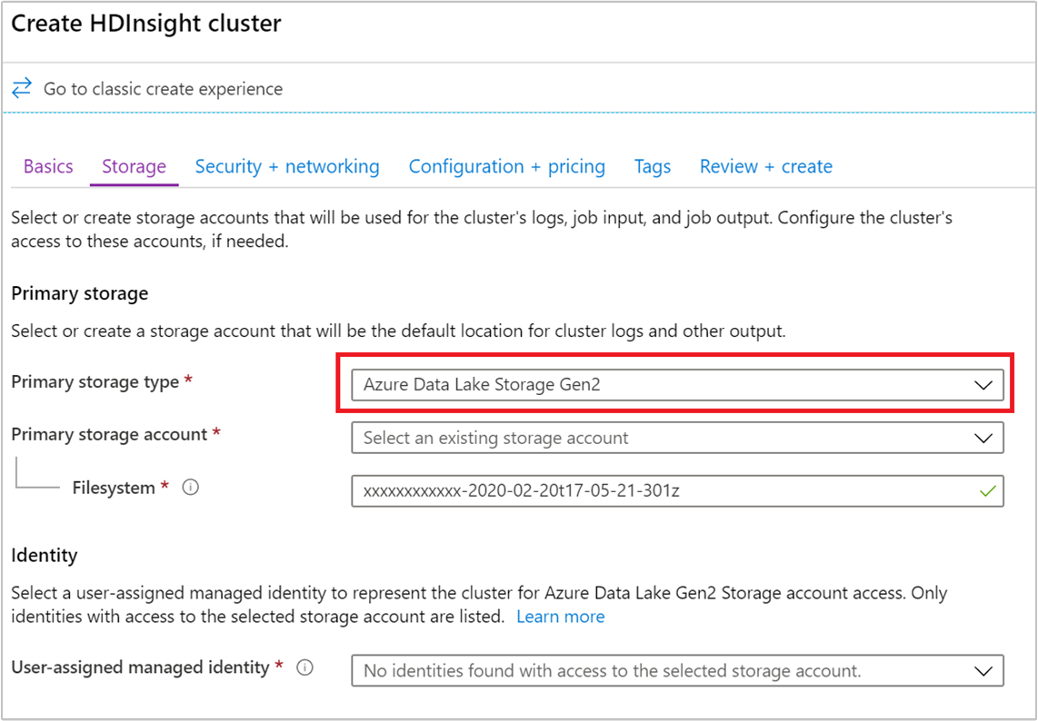 Azure HDInsight で Data Lake Storage Gen2 を使用するためのストレージ設定。