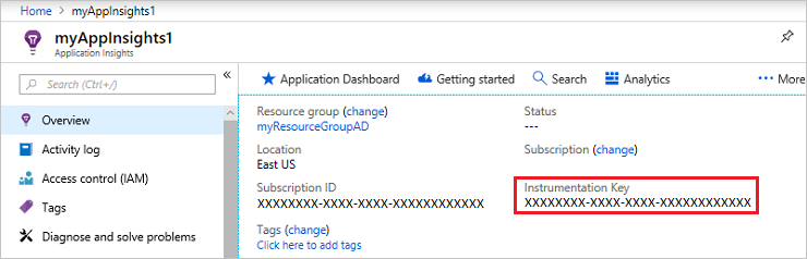 Screenshot that shows the Instrumentation Key on the Application Insights Overview tab.