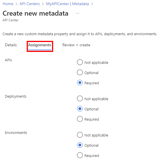 ポータルでのメタデータ割り当てのスクリーンショット。