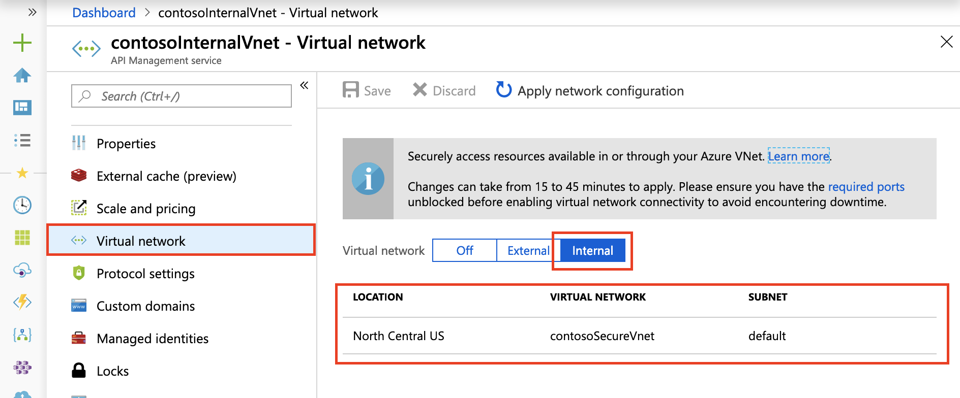 Azure portal で内部 VNet を設定する