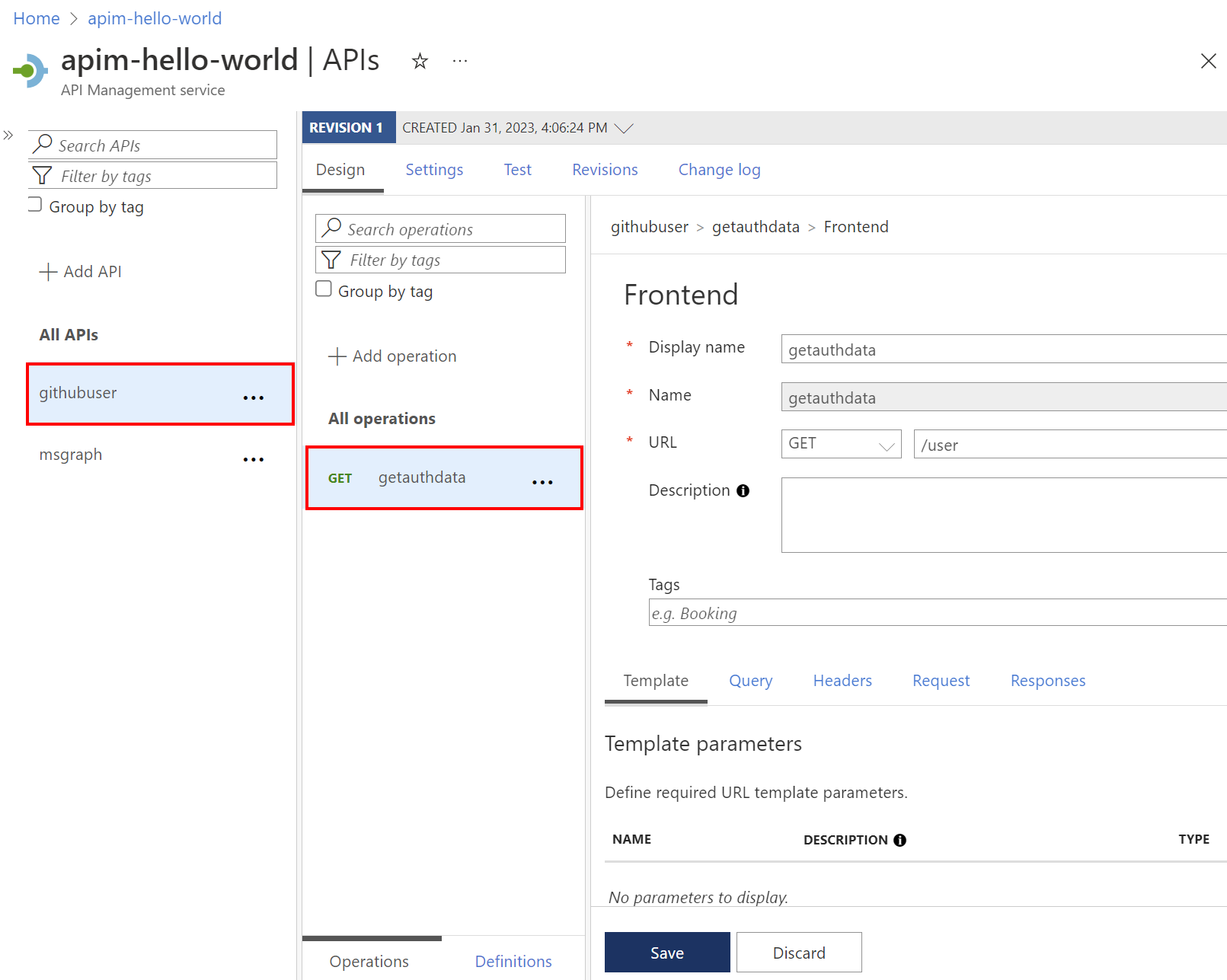 ポータルで API に getauthdata 操作を追加するスクリーンショット。