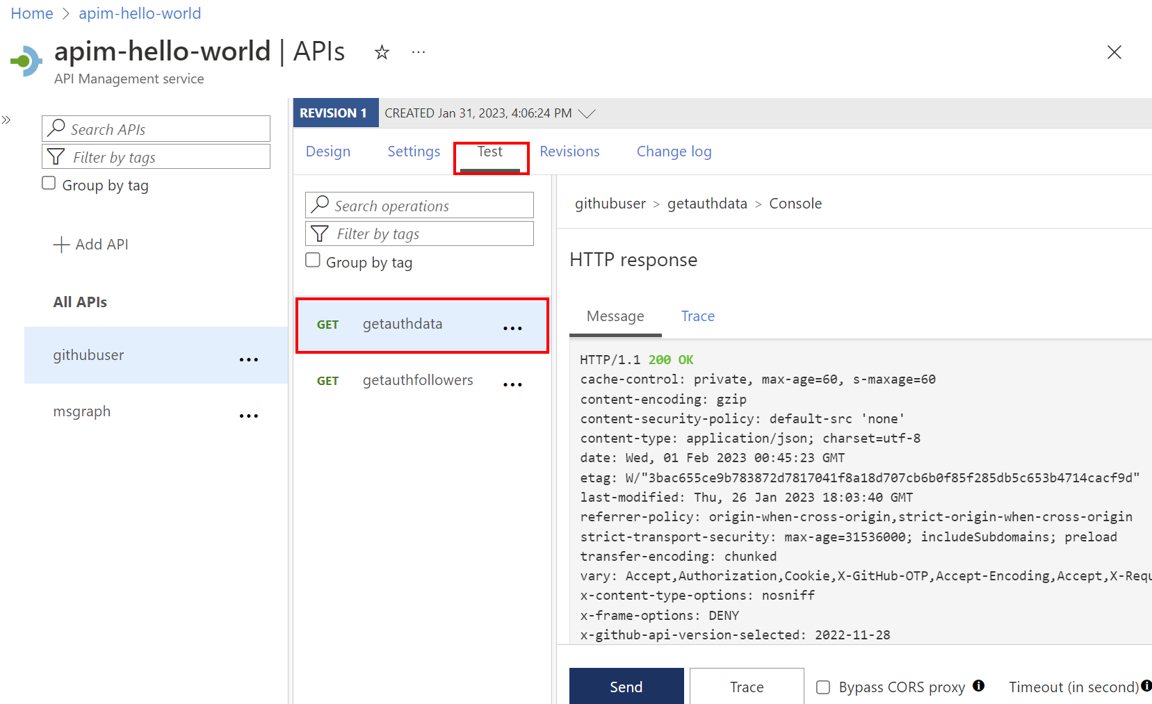 ポータルで API を正常にテストしているスクリーンショット。