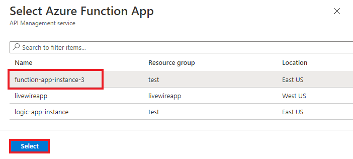 関数のインポート元となる Function App と [選択] ボタンが強調表示されているスクリーンショット。