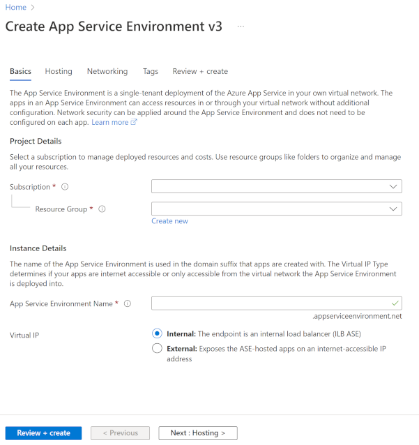 App Service Environment の [基本] タブを示すスクリーンショット。