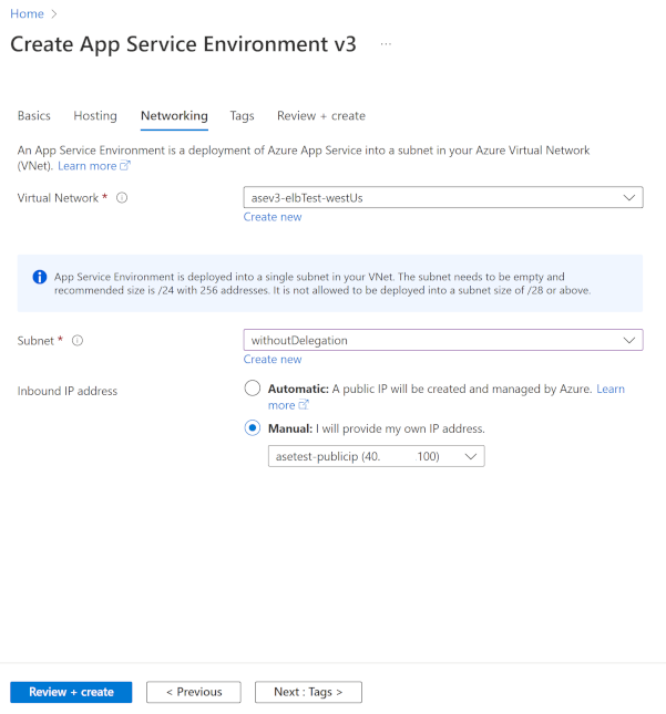 App Service Environment の [ネットワーク] (ASE 外部) の選択項目を示すスクリーンショット。