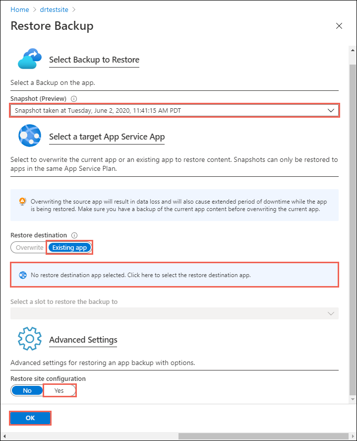 Screenshot of the Restore Backup page. A specific snapshot, the options that the preceding table lists, and the OK button are highlighted.