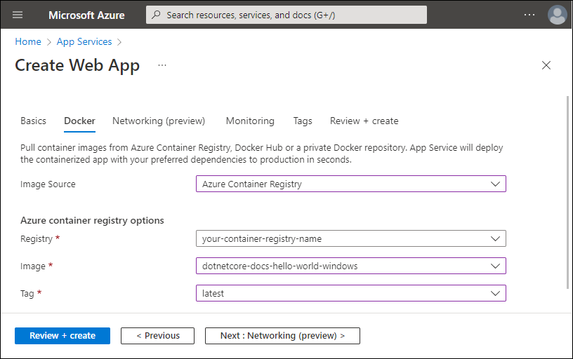 [Azure コンテナー レジストリのオプション] を示すスクリーンショット。